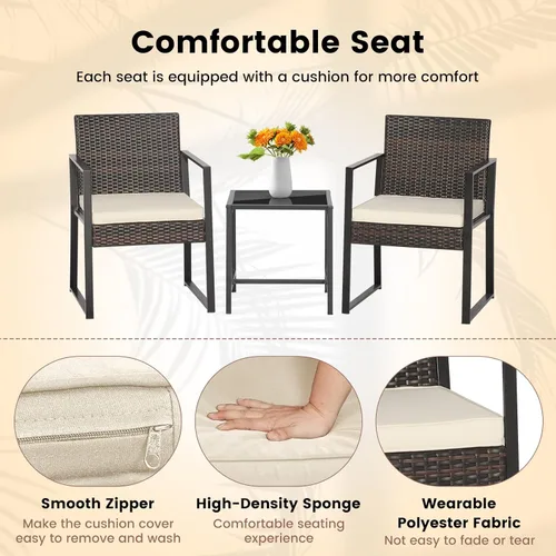 Miniatura 9 de Tangkula Juego de muebles de patio de 3 piezas, moderno y resistente para todo tipo de clima, sillas de mimbre y mesa auxiliar, adecuado para porche