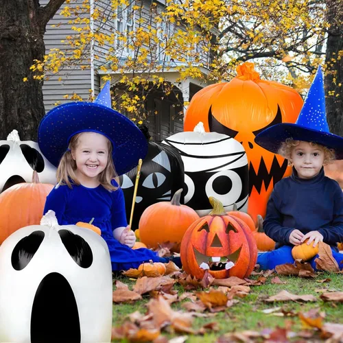 Miniatura 4 de Bolsas de césped de hojas de Halloween, bolsa gigante de césped de calabaza con lazos giratorios para decoración de jardín al aire libre, decoración