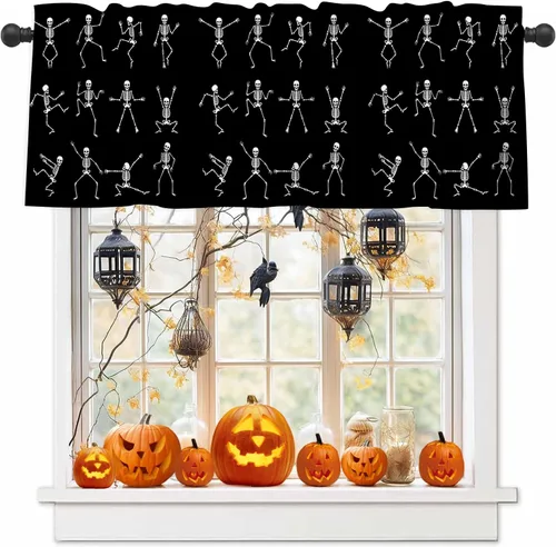 Miniatura 9 de Cenefas de Halloween para ventanas, cortina de calabaza con sombrero de bruja, cortinas cortas con bolsillo para barra, cortinas de cenefa