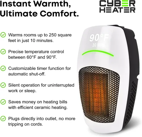 Miniatura 2 de Cyber Heater - Calentador portátil para uso en interiores, elegante y compacto con control remoto, cerámica eléctrica de 500 W para dormitorio
