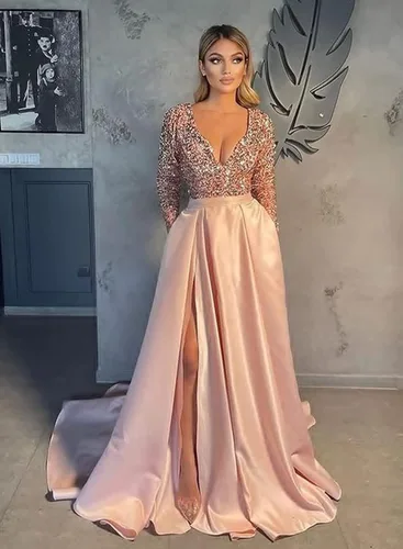 Miniatura 3 de Miao Duo YZTS055 - Vestido de fiesta de graduación con lentejuelas brillantes para mujer, con bolsillos, manga larga, de satén, formal