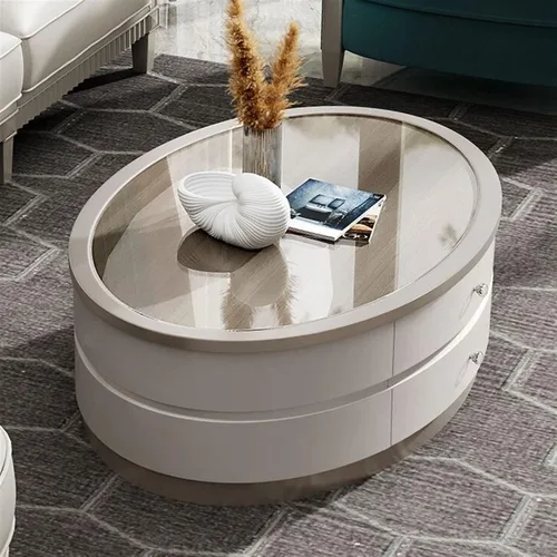 Miniatura 6 de Mesa de té para sala de estar, mesa de centro moderna con mesa única y base estable, mesa de sofá ovalada con 2 cajones grandes para sala de estar