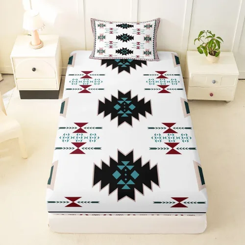Miniatura 19 de Juego de ropa de cama occidental tamaño individual, sábanas aztecas, estilo nórdico exótico, bohemio, sábana bajera ajustable de tribu india