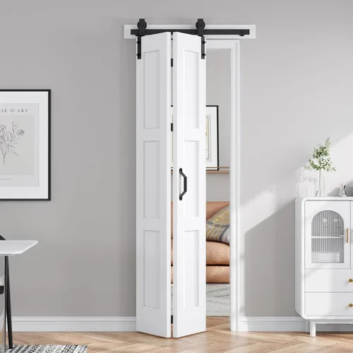 FREDBECK Puerta Plegable Deslizante de Granero Blanca de 24X84 (Doble 12x84) Puertas Dobles con Kit de Herrajes de 28" y Manija, Puerta MDF Sólida