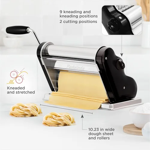 Miniatura 7 de PASTALINDA Máquina para hacer pasta Classic 260, rodillos de 10.2 in de ancho, 9 posiciones de grosor, 2 posiciones de corte, acero inoxidable. Negro