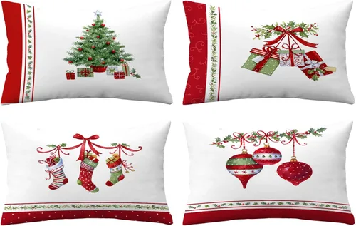 Miniatura 14 de Juego de 4 fundas de almohada de Navidad de 12 x 12 pulgadas, fundas de almohada de terciopelo de Navidad, fundas de almohada doradas y rojas