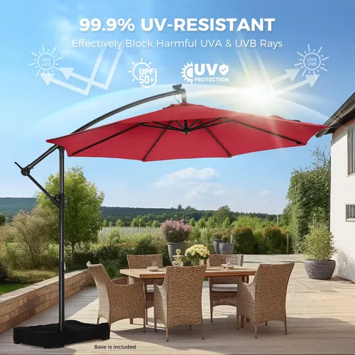 Miniatura 2 de HOMSHADE Paraguas de patio voladizo con luces solares de 10 pies, con luz y base, luz LED, para colgar en el patio, sombrilla de mercado al aire Rojo
