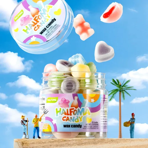 Miniatura 2 de Halfoma Botella de cera de caramelo masticable, con varios jarabes con sabor a fruta en el medio, enlatado, 3.53 oz, 50 caramelos