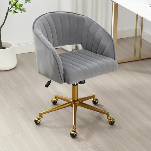 Miniatura 9 de ABET Silla de escritorio con ruedas, silla de terciopelo para oficina en casa, sillón giratorio con base dorada, sillas decorativas modernas Gris
