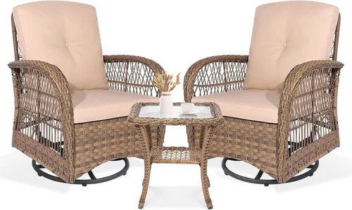 Miniatura 11 de VIVIJASON Silla mecedora de mimbre para exteriores, 2 piezas, sillas mecedoras de ratán para patio con cojines y marco de acero, muebles de mimbre