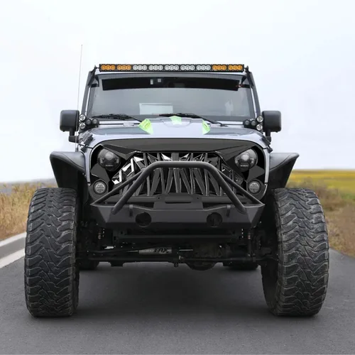 Miniatura 6 de JK Parrilla frontal de tiburón negro brillante compatible con Jeep Wrangler Rubicon Sahara Sport 2007-2018, ABS