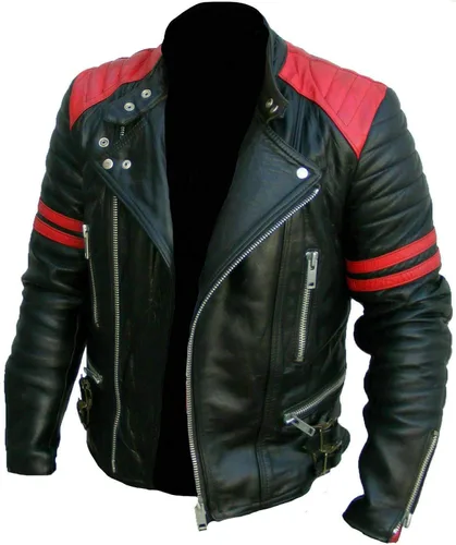 UGFashions Mens Café Racer Brando Red Stripes Vintage Retro Quilted Motorcycle Biker Black Lambskin Leather Jacket