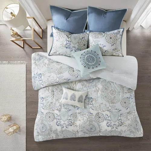 Miniatura 3 de Madison Park Juego de temporada, falda de cama a juego, almohadas decorativas, Queen (90 x 90 pulgadas), Isla, medallón floral azul, 8 piezas