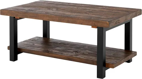 Miniatura 9 de Pomona - Mesa auxiliar rectangular de madera maciza de 42 pulgadas con estante de almacenamiento y patas de metal, mesa rústica industrial para sala
