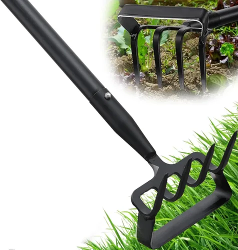 Azada de jardín, azada de estribo con mango ajustable para excavadora de deshierbe aflojando el suelo, cultivador de jardín de metal con rastrillo