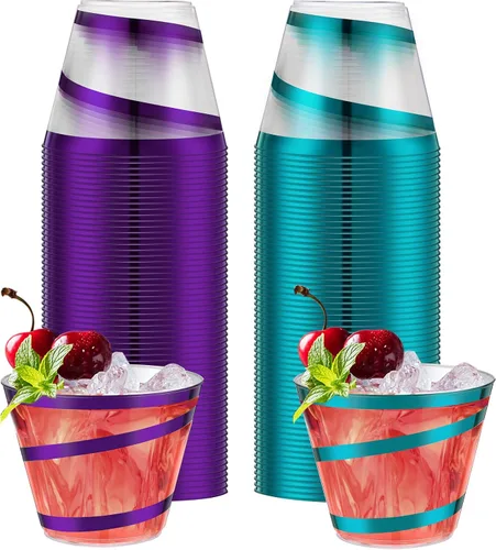 Miniatura 35 de Gejoy Tazas de plástico con borde en espiral de 9 onzas desechables, tazas de vino de plástico elegantes y transparentes, elegantes jarras de Oro