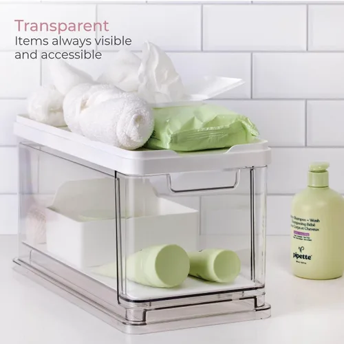 Miniatura 3 de iDesign The Sarah Tanno Collection - Organizador de cajones de cosméticos apilables, tamaño mediano, con tapa y divisor, transparente/blanco