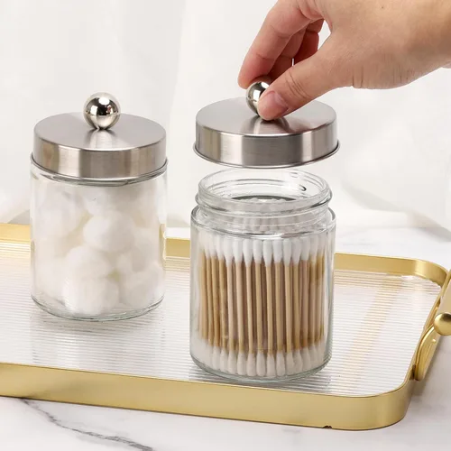Miniatura 3 de Tbestmax Dispensador de soporte de vidrio Qtip, recipientes de baño de 10 onzas, tarros de boticario con tapas de metal para hisopos de bolas
