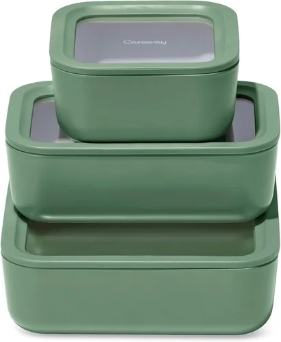 Miniatura 22 de Caraway - Juego de 3 recipientes de vidrio, almacenamiento de alimentos, 10/6.6 /4.4 tazas, revestimiento de cerámica, no tóxico, antiadherente