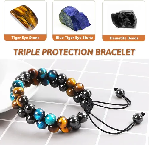 Miniatura 17 de MIDON - Pulsera de ojo de tigre, pulsera de triple protección para hombres y mujeres, hecha a mano, cuentas de ojo de tigre, hematita y obsidiana
