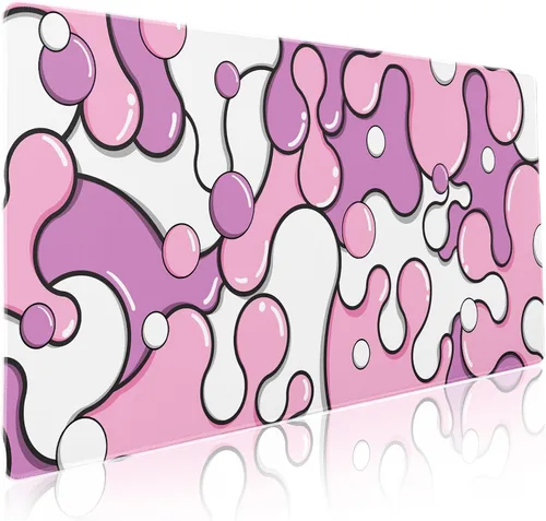 Alfombrilla de mouse XXL rosa pálido y morado pastel Anime geométrico japonés extendido de 90x40 cm con base de goma antideslizante y borde cosido,
