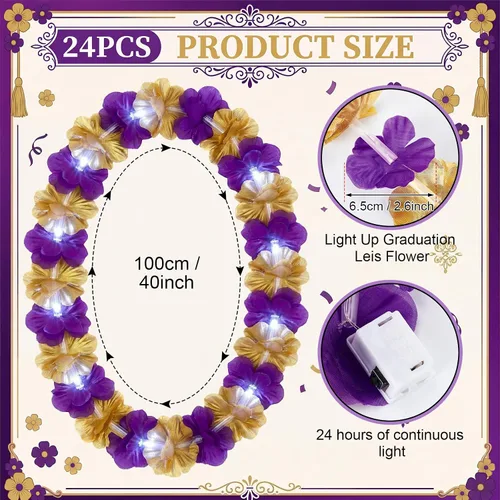 Miniatura 24 de Sherr 24 piezas de collares de flores de leis hawaianas con luces LED para boda, luces LED para leis hawaianas, collares de flores de leis hawaianas