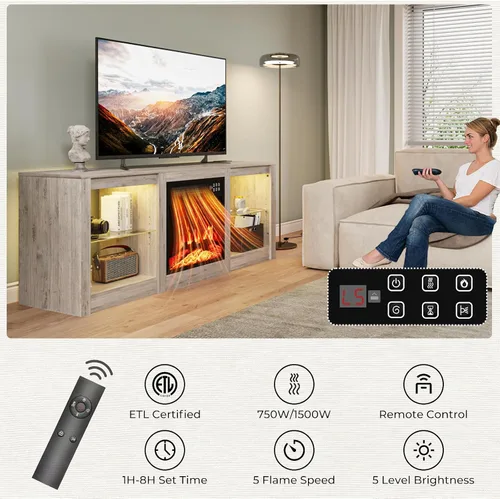 Miniatura 6 de EAG Soporte de TV con chimenea para TV de 65 pulgadas, soporte de TV con chimenea eléctrica de 18 pulgadas, centro de entretenimiento con estantes