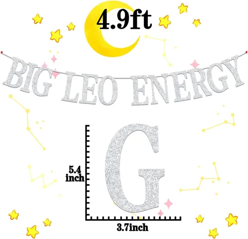Miniatura 7 de Cartel de energía Leo grande con purpurina plateada, decoración de fiesta de cumpleaños de Leo julio/agosto, 12 constelaciones, suministros