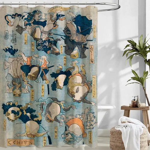 Miniatura 7 de Cortina de Ducha para Cabina con Rana No Impresionada Tinta Arte Lindo Divertido Estilo Asiático Tradicional Japonés 36x72 pulgadas Cortina de Baño