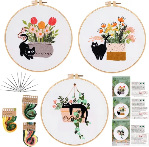 Miniatura 23 de Kit de bordado para principiantes, kits de punto de cruz para adultos, manualidades, 3 piezas, patrón de bordado, hilo de bordado de tela y agujas
