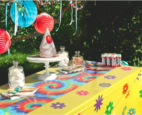 Miniatura 6 de Oudain 6 piezas de decoración de fiesta de los años 70, mantel hippie para decoración de los años 60, cubierta desechable de plástico retro