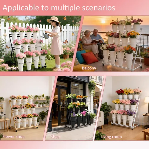 Miniatura 8 de Soporte de exhibición de flores de 3 niveles, soporte móvil de metal para plantas con 12 cubos, carrito de flores con ruedas, adecuado