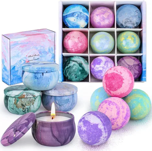 Set de regalo de bombas de baño, 5 bombas de spa grandes con 4 velas perfumadas para mujeres, baño de burbujas hidratante con aceites esenciales