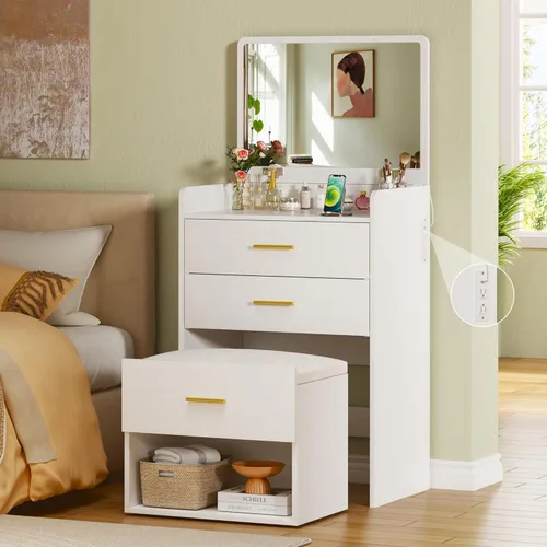 Miniatura 10 de HUAHUU Escritorio de tocador acanalado con espejo y luces, escritorio de maquillaje con parte superior de cristal, mesita de noche y diseño de panel