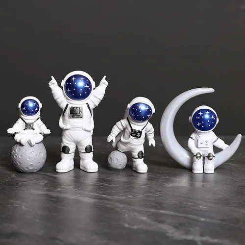 Miniatura 7 de Juego de 4 estatuas de astronauta blancas plateadas, esculturas de astronauta, figuras de astronauta, decoración temática espacial para habitación