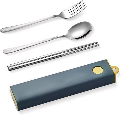 Miniatura 10 de Muka Juego de 3 utensilios portátiles personalizados, palillos de acero inoxidable, tenedor, cuchara de viaje con logotipo personalizado y nombre