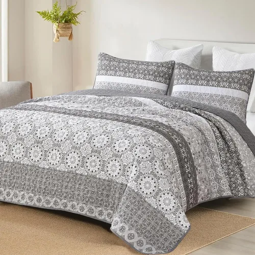 Miniatura 34 de WONGS BEDDING Juego de edredón bohemio tamaño Queen, juego de colcha de retazos a rayas bohemias aguamarina con 2 fundas de almohada, juego de ropa