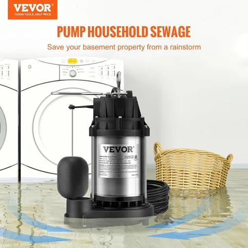 Miniatura 2 de VEVOR Bomba de sumidero sumergible de 1/2 HP, bomba de sumidero con superficie de acero inoxidable, cable de alimentación de 10 pies, descarga NPT