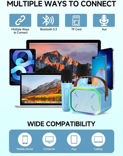 Miniatura 7 de Máquina de karaoke para niños y adultos, mini altavoz Bluetooth portátil con 2 micrófonos inalámbricos, luces LED para TV, regalos para niñas y Azul