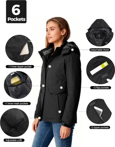 Miniatura 6 de Wantdo - Chaqueta de esquí impermeable para mujer, abrigo de invierno cálido y resistente al viento, abrigos de nieve