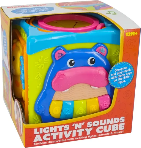 Miniatura 5 de Kiddieland Cubo de actividad de luz y sonido para niños pequeños – teclas de piano musical, clasificador de formas de animales, 6 lados de juego
