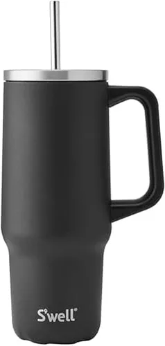 Miniatura 9 de S'well Vaso de acero inoxidable reciclado XL con popote y asa, 40 onzas, azurita, contenedor aislado al vacío de triple capa mantiene las bebidas