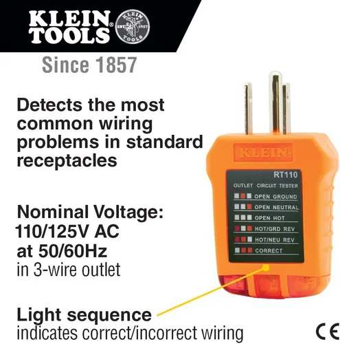 Miniatura 2 de Klein Tools RT110 - Probador de enchufes, probador de receptáculo eléctrico AC para enchufes norteamericanos