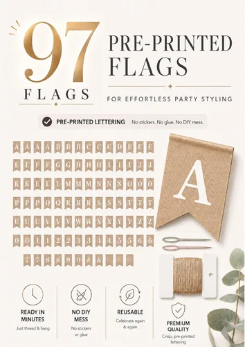 Miniatura 7 de Kit de pancartas personalizadas, 97 banderas de arpillera, letras y números preimpresos blancos, cuerda y aguja de 120 pies, pancarta personalizada