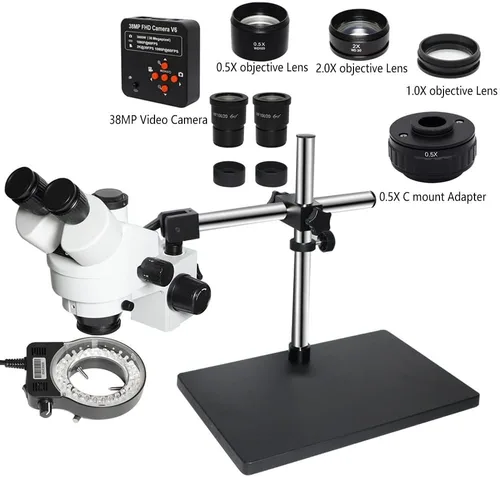 Miniatura 2 de Kit de accesorios para microscopio 3.5X-90X simulocal Trinocular estéreo Microscopio con soporte de brazo doble ajustable de 360 soportes 5 X C