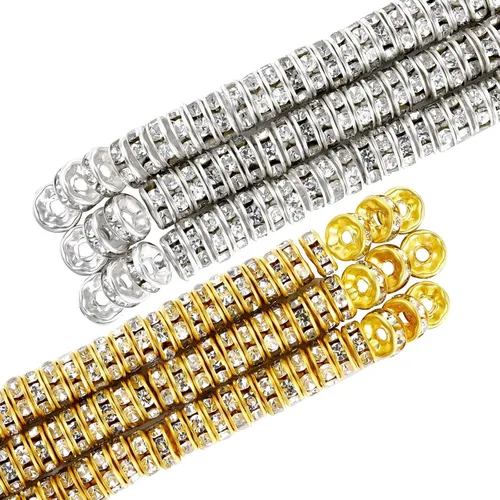 Hicarer 800 cuentas espaciadoras redondas Rondelle de cristal con diamantes de imitación, cuentas sueltas para hacer joyas (0.236 pulgadas, dorado,