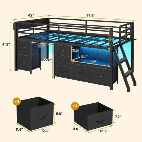 Miniatura 2 de ADORNEVE Cama baja tipo loft tamaño individual con 7 cajones de almacenamiento, estantería y luces LED, cama alta de metal para niños con barandilla