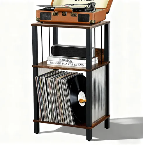 Miniatura 9 de Soporte para tocadiscos con estación de carga, estante de almacenamiento de vinilo de 3 niveles con capacidad para más de 100 álbumes, mesa auxiliar
