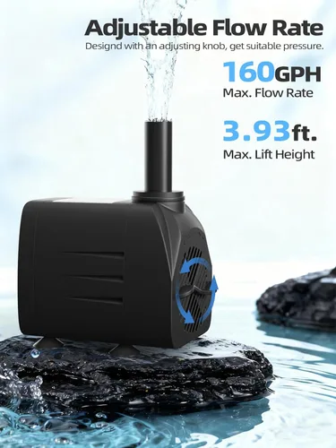 Miniatura 4 de Bomba de fuente pequeña de 160GPH (600L/H, 10W), bomba de agua sumergible ultra silenciosa con 3.93 pies de elevación alta y manguera de 4.9 pies, 2