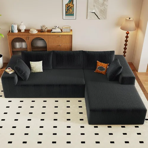 Miniatura 7 de Sofá seccional modular de 96", sofá en forma de L tipo nube sin estructura con chaise lounge, tapizado de pana con asiento profundo de espuma Negro